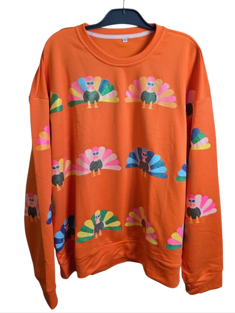 Women’s XL Orange Glitter Turkey Print Thanksgiving Pullover Sweatshirt